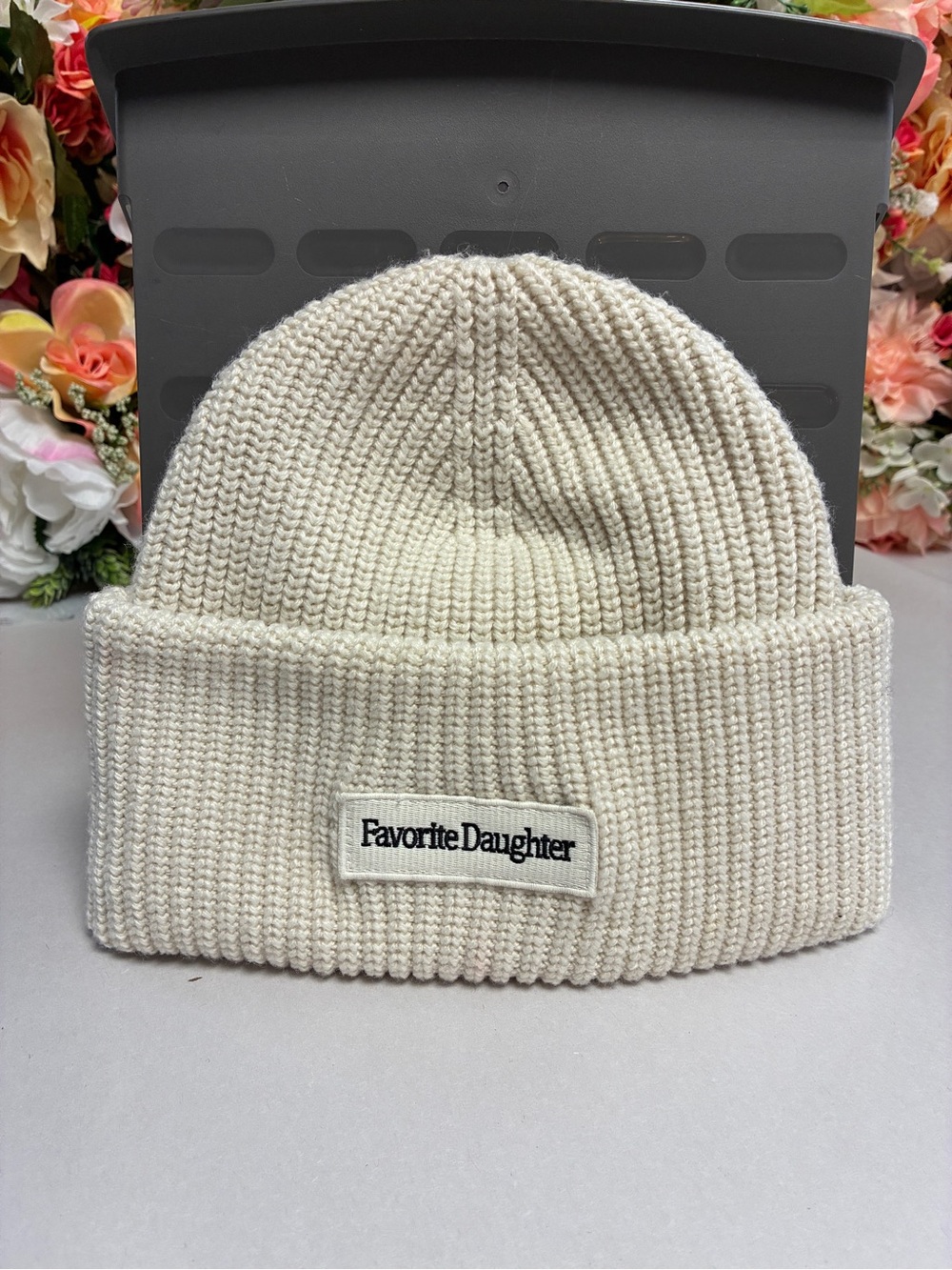 Favorite Daughter Logo Patch Rib Knit Beanie Ivory Wool Blend Cuffed Hat OS